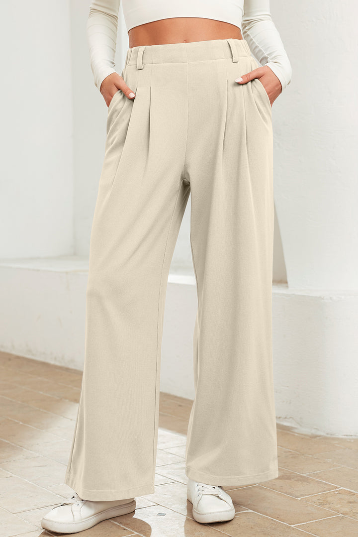Beige Solid Color Textured Elastic Waist Wide Leg Pants