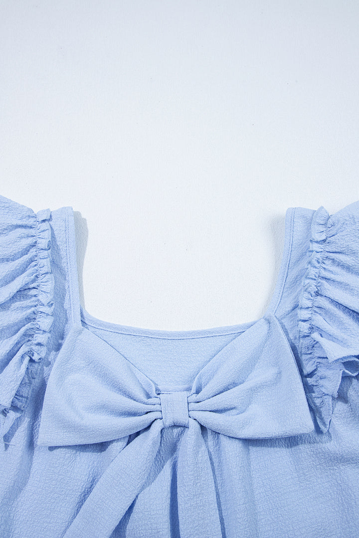 Beau Blue Textured Bow Knot Frilled Butterfly Sleeve Blouse