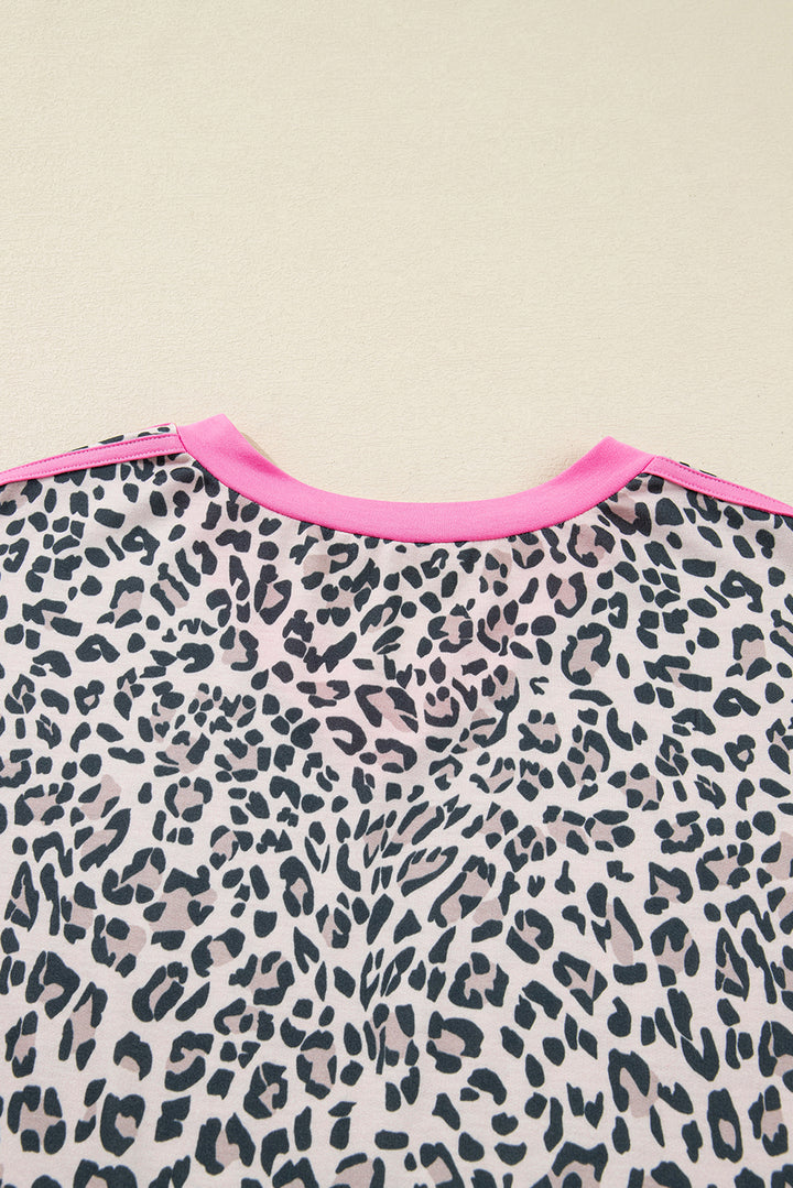 Khaki Leopard Print Contrast V Neck Varsity Stripe Detail Long Sleeve Top