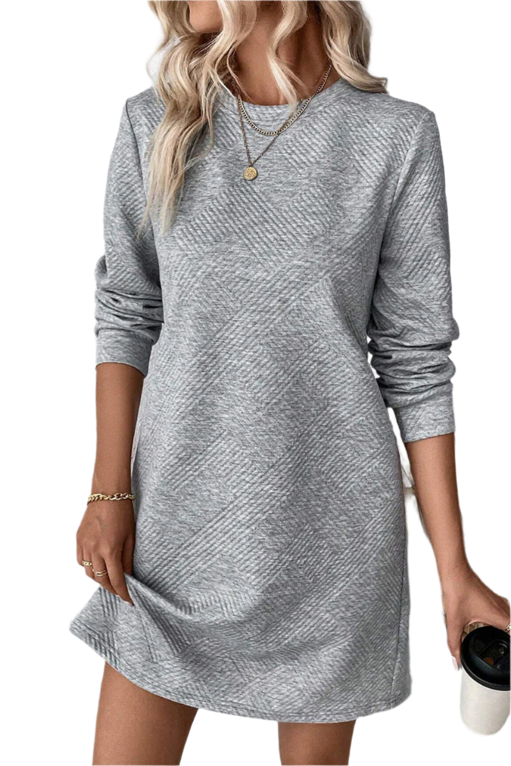 Gray Solid Color Textured Long Sleeve Shift Short Dress