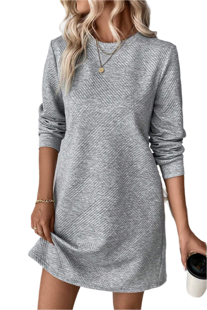 Gray Solid Color Textured Long Sleeve Shift Short Dress