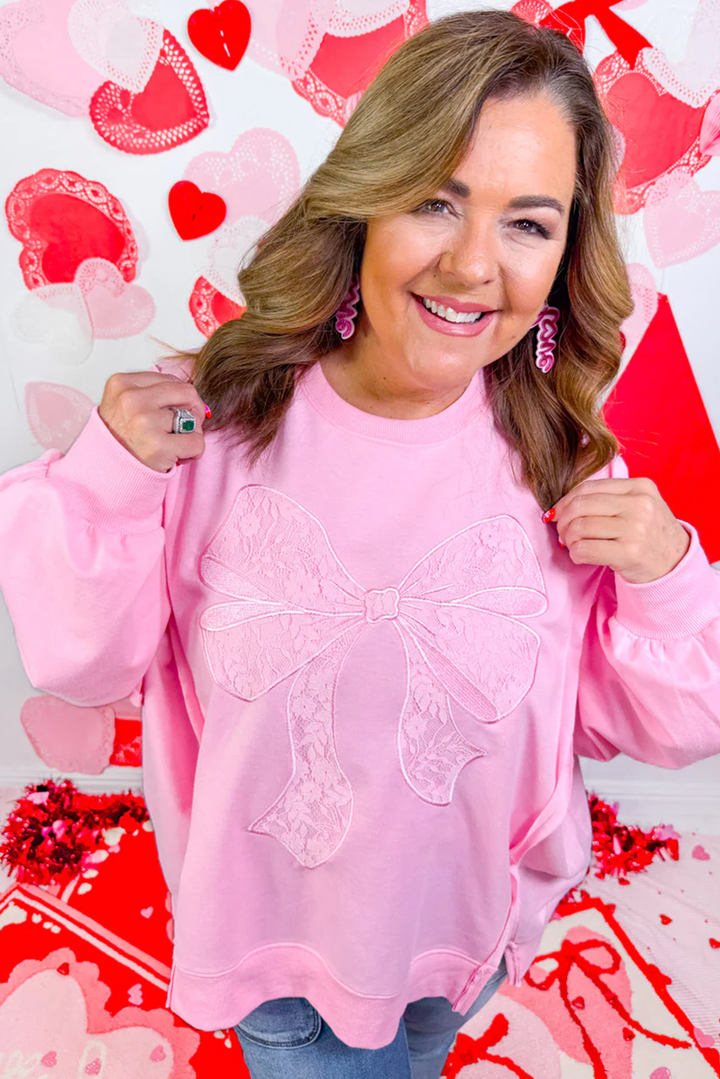 Pink Big Bow Lace Embroidered Dolman Sleeve Slit Plus Size Sweatshirt