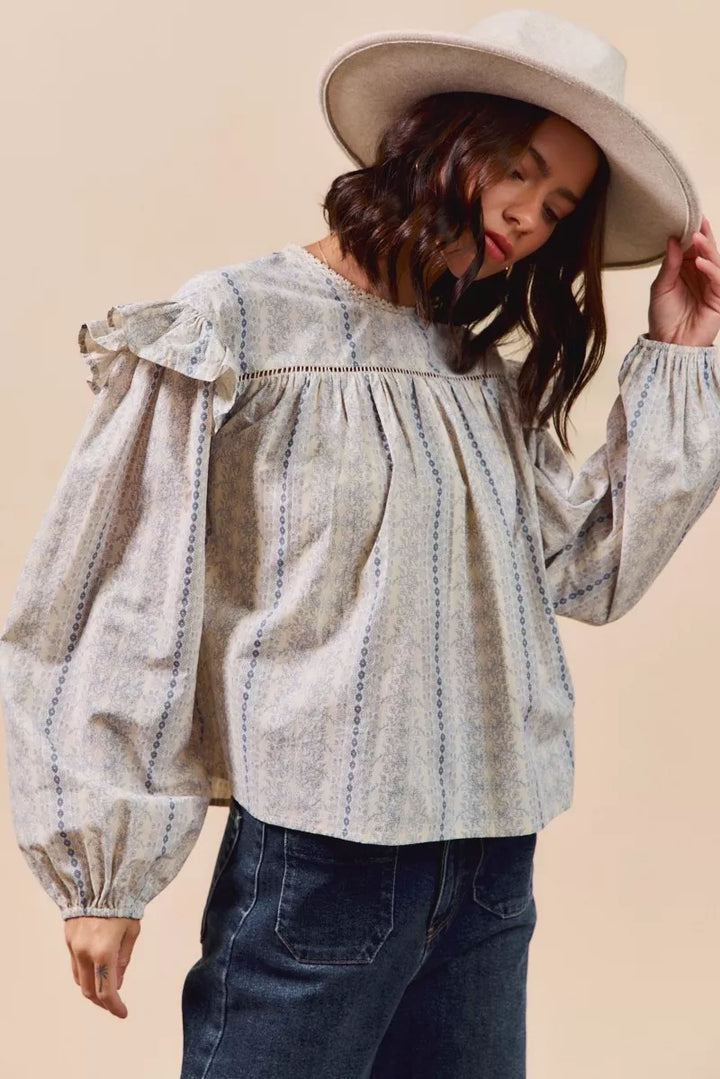SO ME Floral Cotton Print Ruffled Long Sleeve Blouse