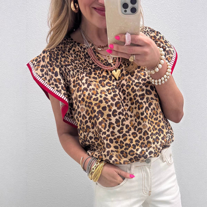 Womens Fashion Leopard-Print Ruffle-Trim Loose Chiffon Blouse