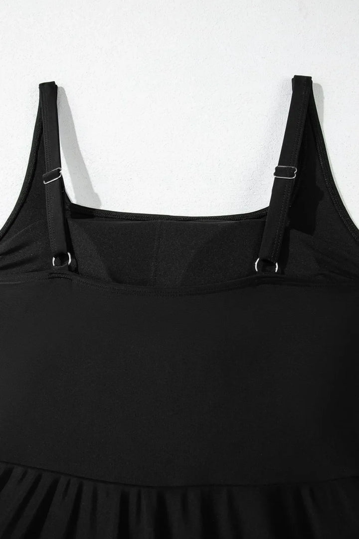 Side Tied Waist Square Neck Adjustable Straps A-line One Piece Swim Dress