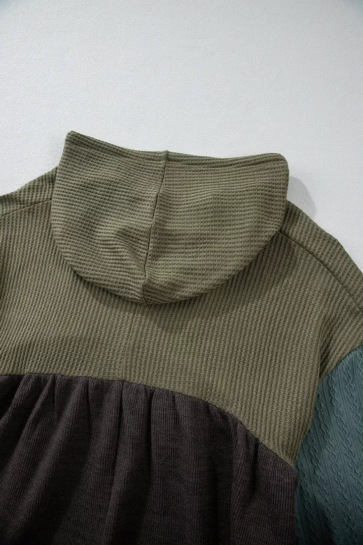 Color Block Waffle Knit Raw Hem Hoodie