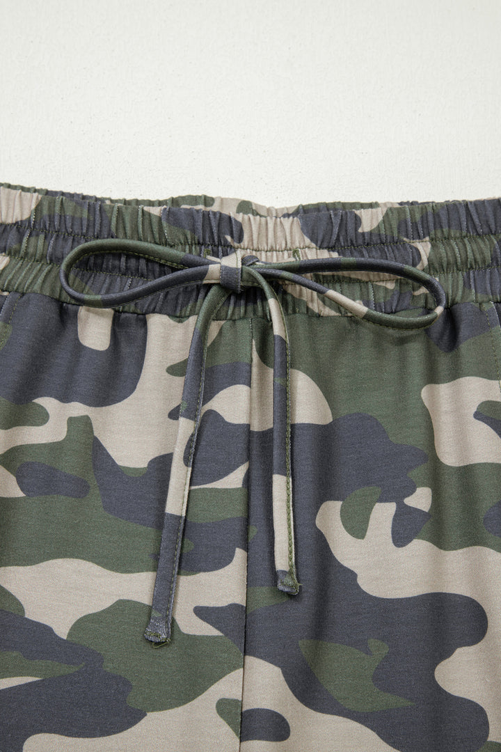 Green Tie Elastic Waist Pocketed Plus Size Camo Shorts