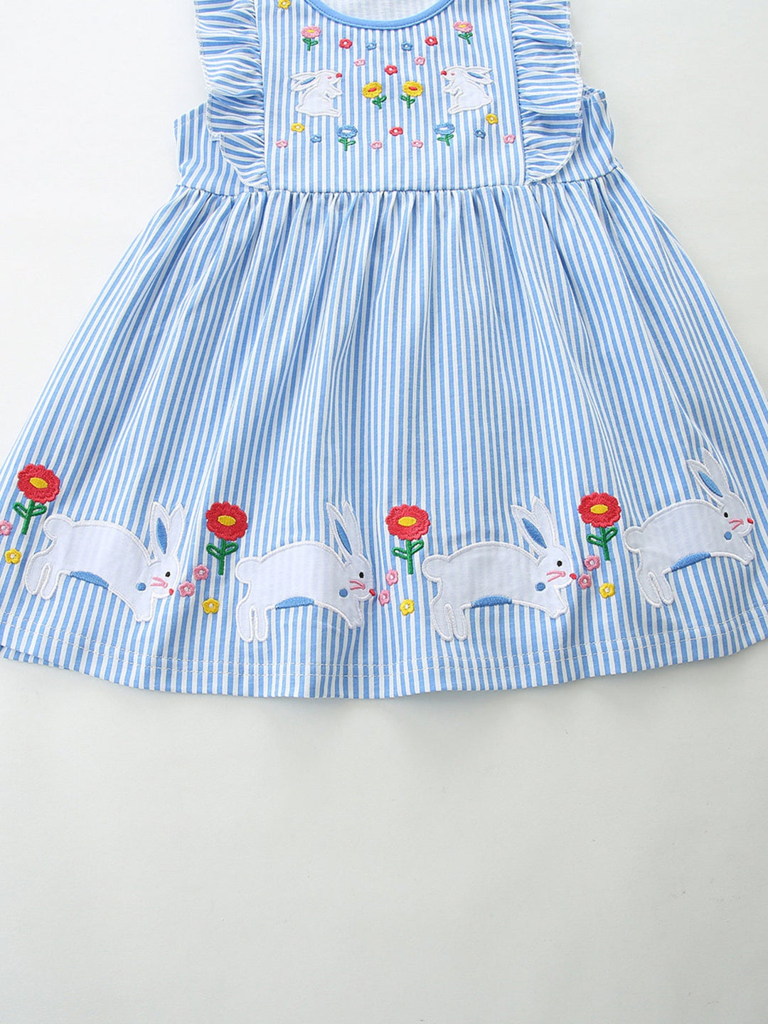 Children's Striped Bunny Embroidered Ruffle Sleeve Dress