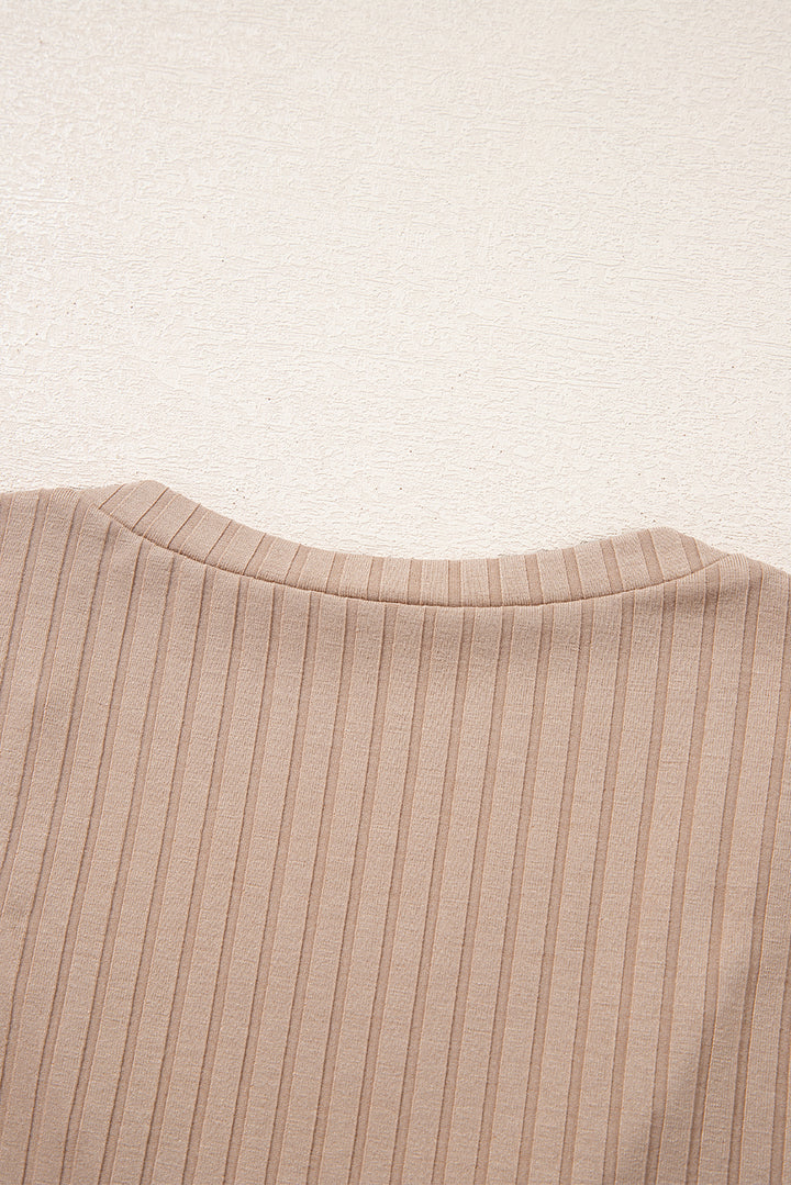 Straw Yellow Ribbed Knit V Neck Long Sleeve Slim Fit Top
