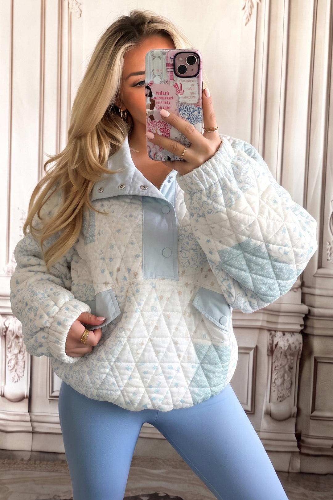 Multicolour Floral Quilted Half Button Pocketed Pullover Sweatshirt