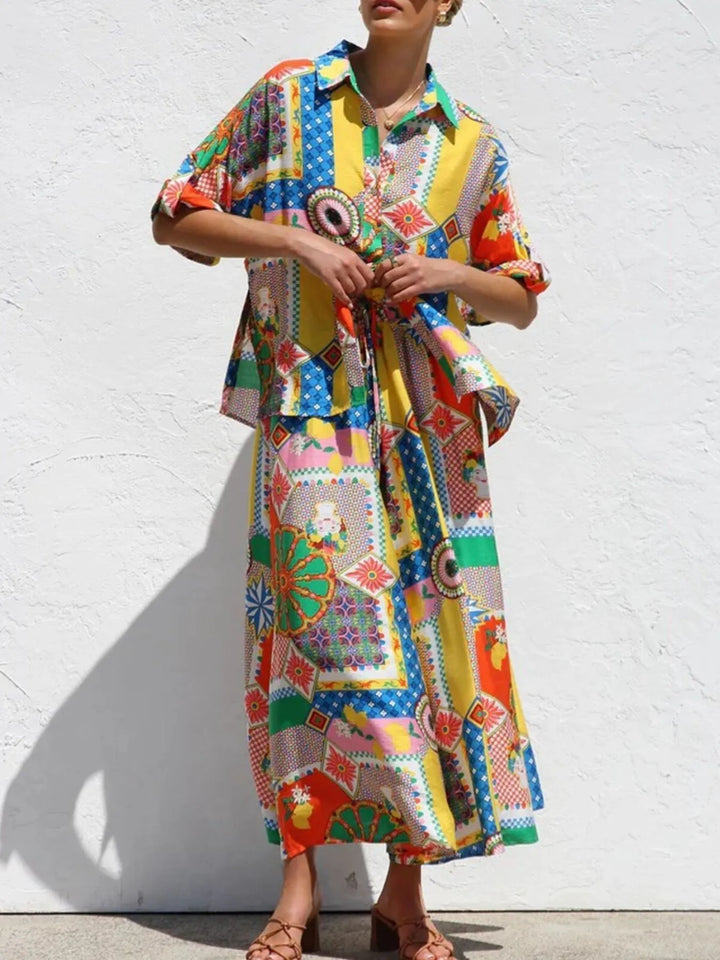 Printed Button Up Shirt and Pants Set