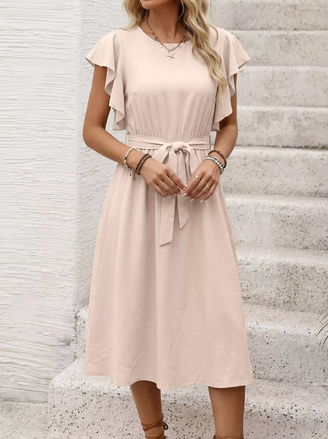 Ruffle Sleeve Tie Waist Midi Dress