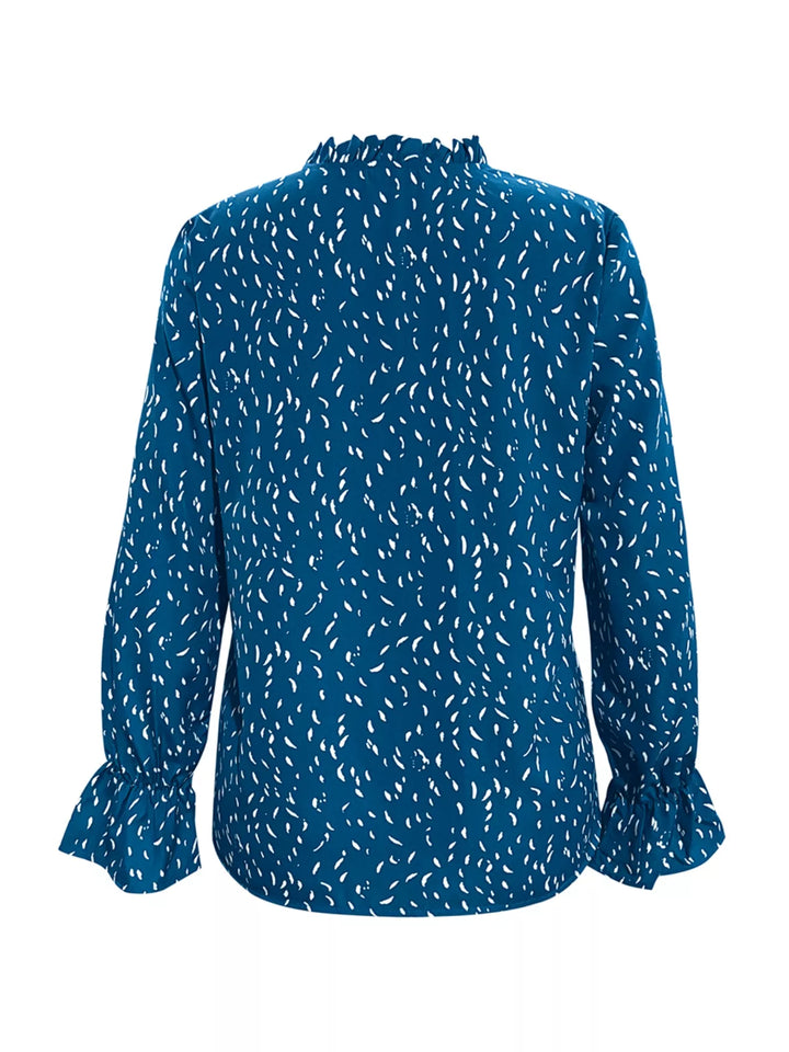 Ruffled Printed Tie Neck Long Sleeve Blouse