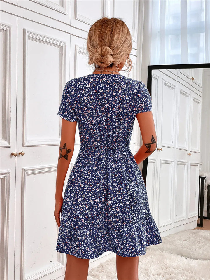 Printed Ruffled Hem V-Neck Short Sleeve Mini Dress
