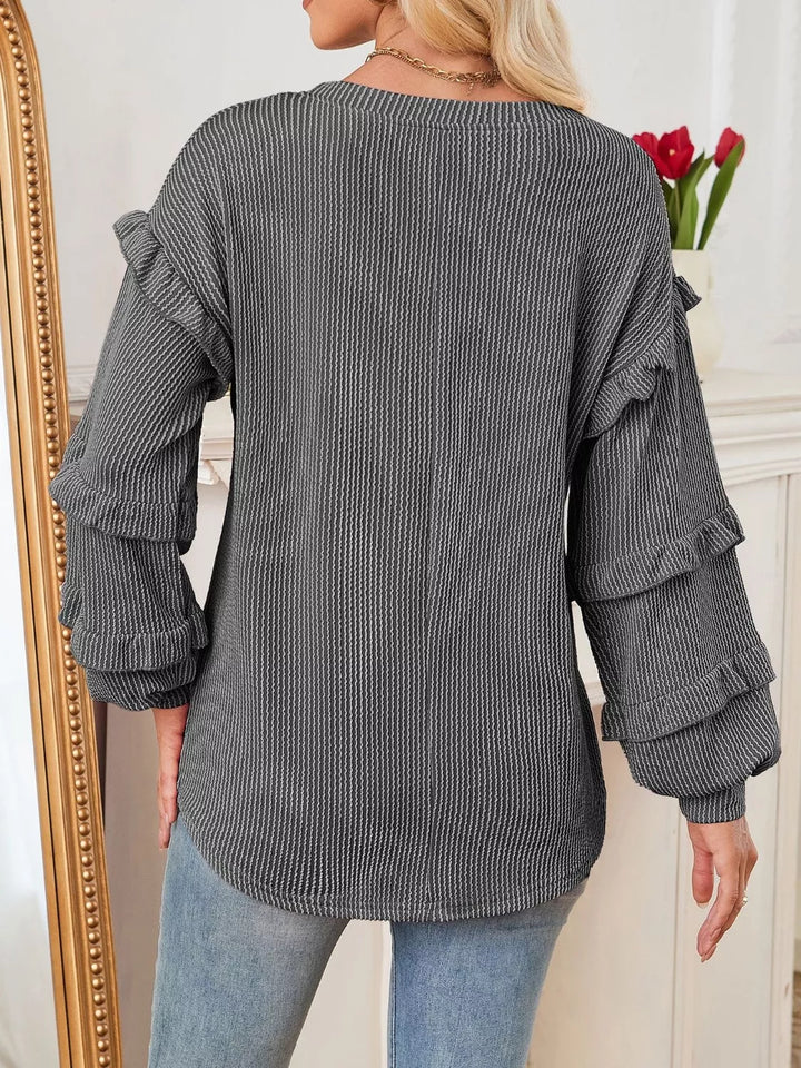 Ruffled Long Sleeve Knit T-Shirt