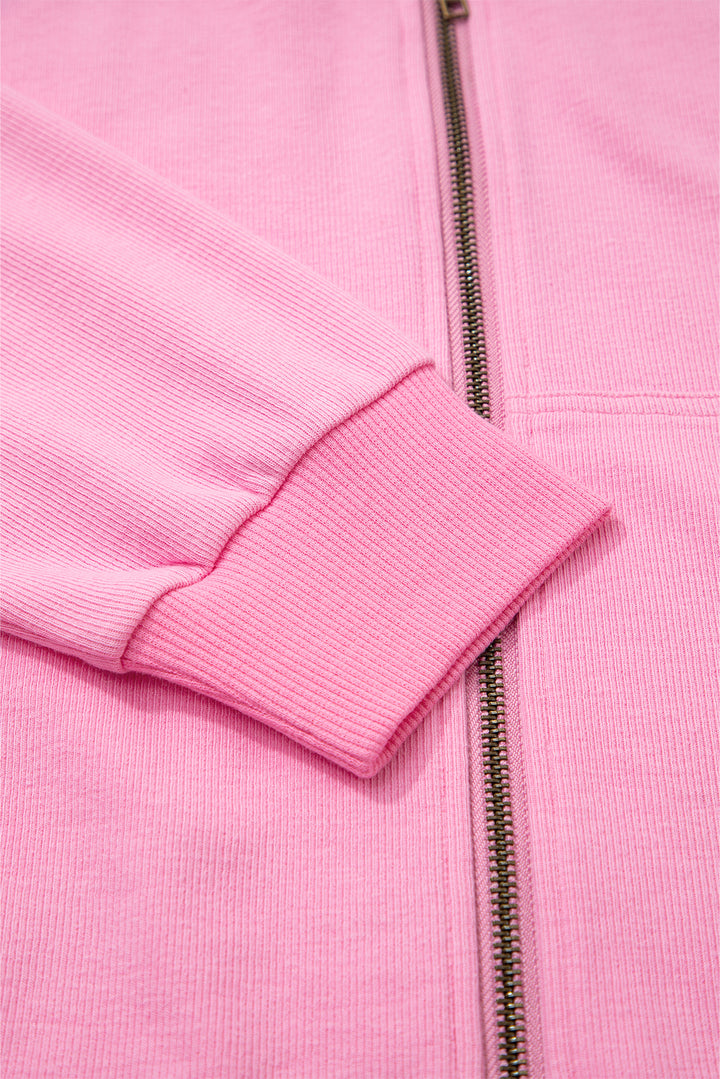 Sachet Pink Solid Color Ribbed Zip Up Drawstring Hooded Jacket