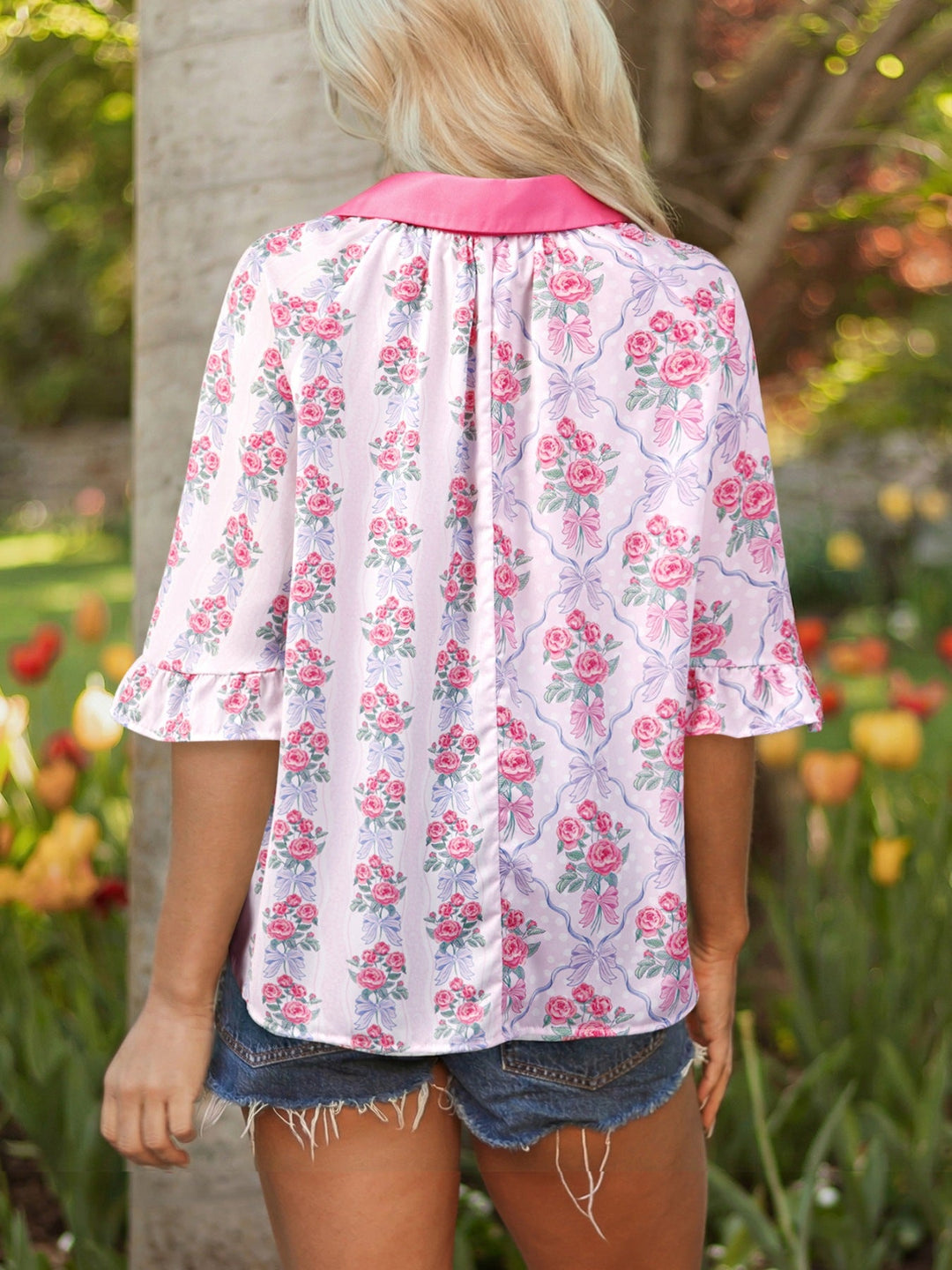 Floral Collared Ruffled Half Sleeve Shirt