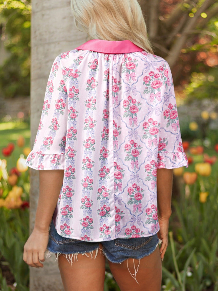 Floral Collared Ruffled Half Sleeve Shirt