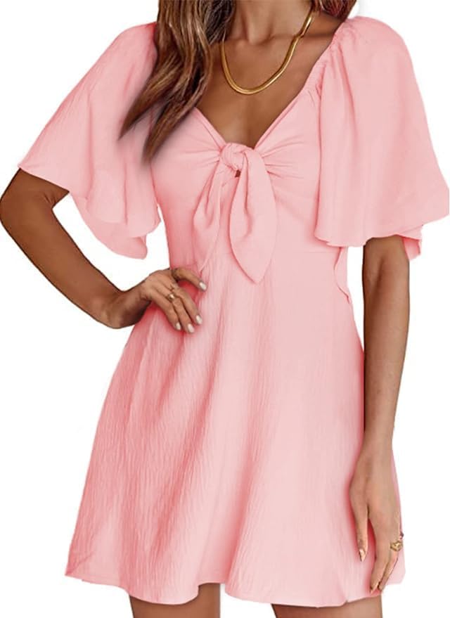 Women's Deep V-Neck Mini Dress with Bow Tie - Elegant Summer Fall Outfit