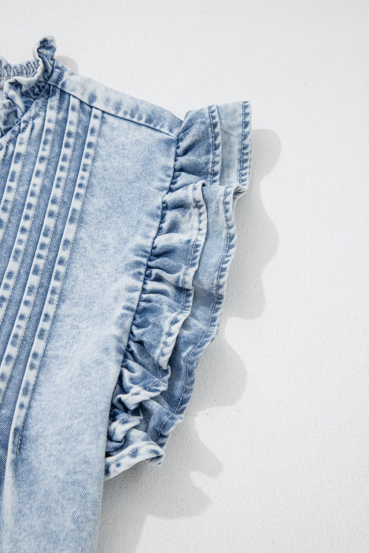 Beau Blue Ruffle Pleated Detail Vintage Washed Denim Top