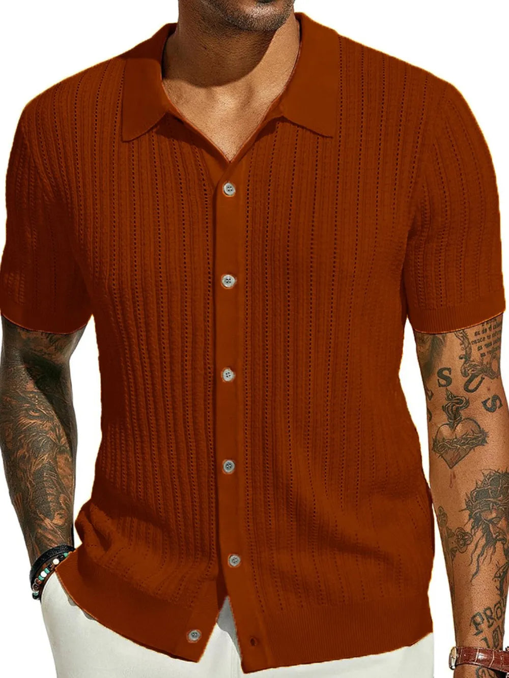 Men's Full Size Openwork Button Down Collared Neck Shirt Plus Size