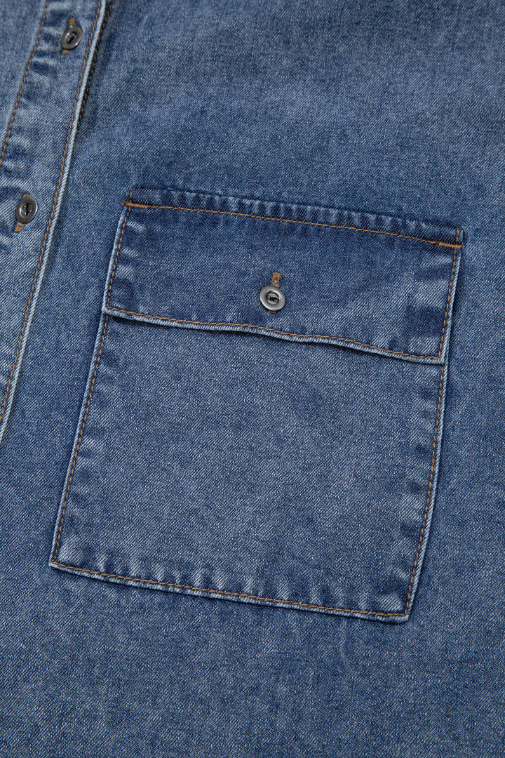 Button Flap Pocket Cuffed Short Sleeve Denim Shirt