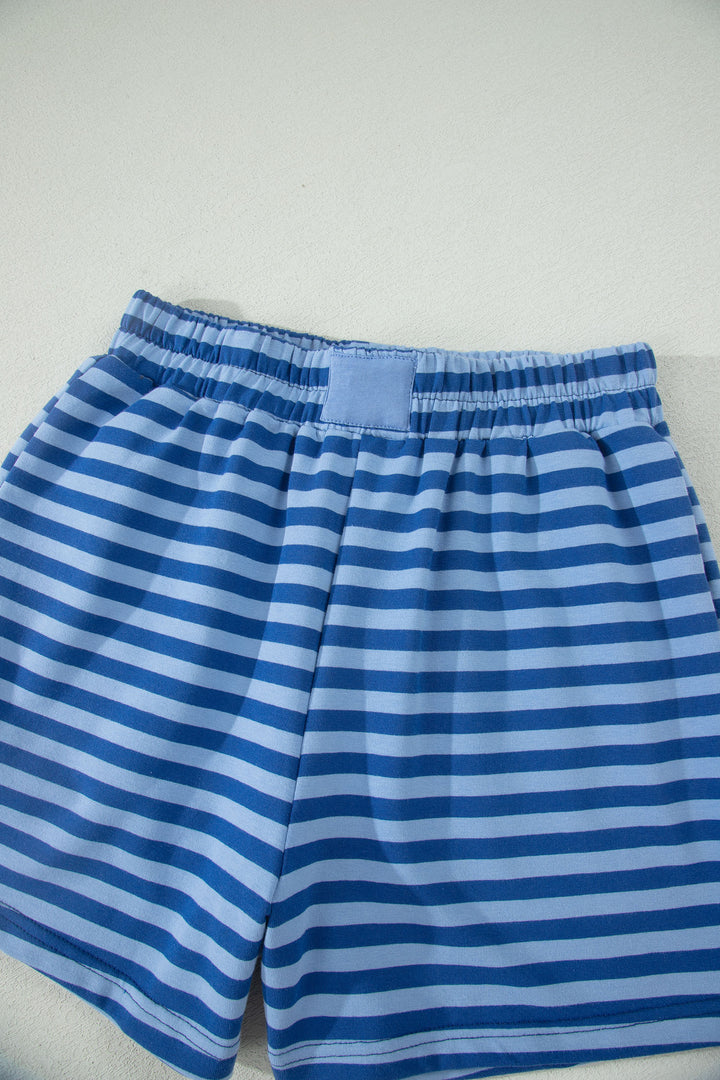 Blue Stripe Striped Ribbed Cotton Two-Piece Short Set with Chest Patch Detail