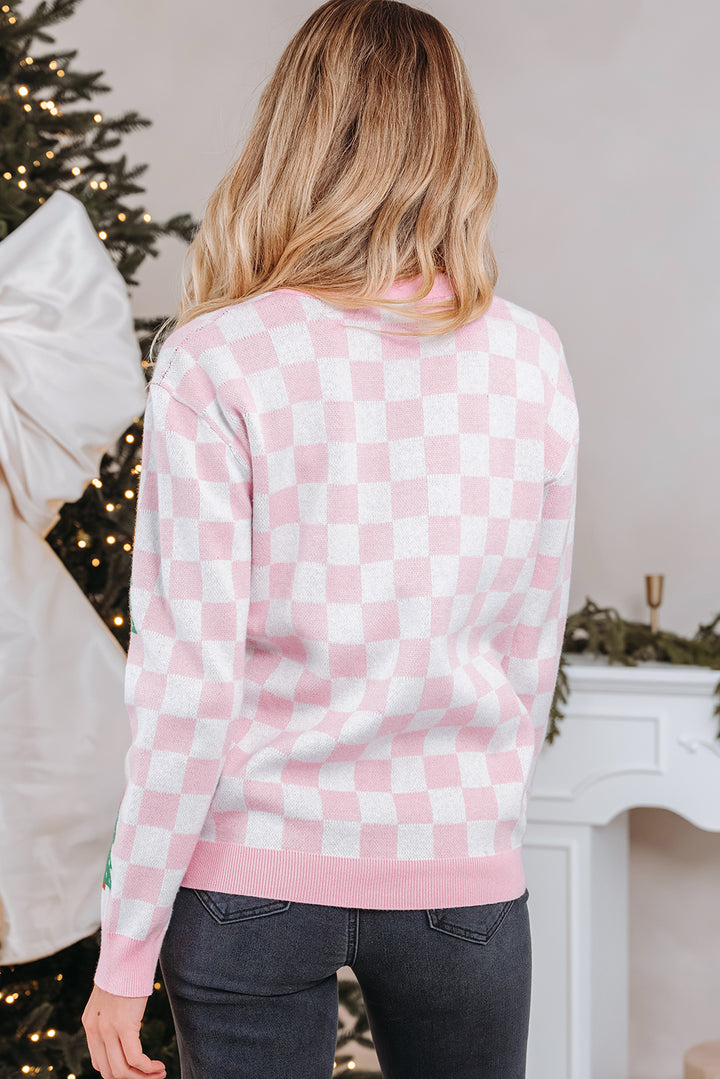 Pink Checkered Christmas Tree Pattern Button V Neck Cardigan Sweater