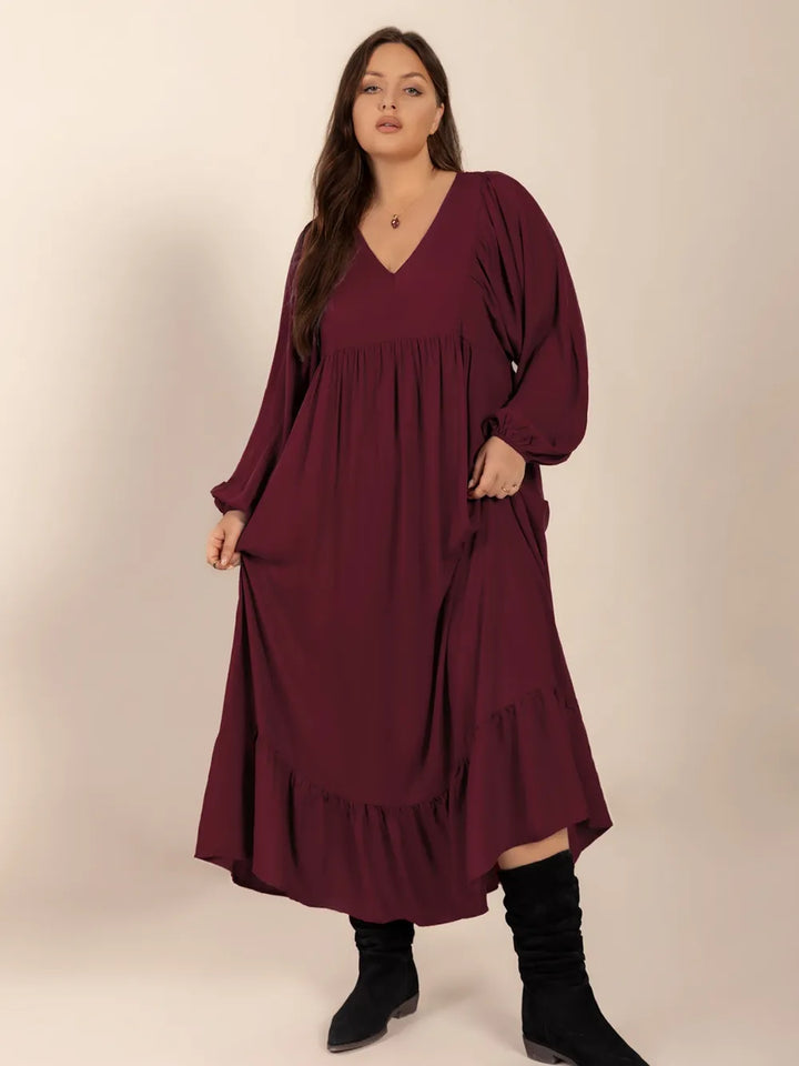 Plus Size Ruffled Hem V-Neck Balloon Sleeve Dress