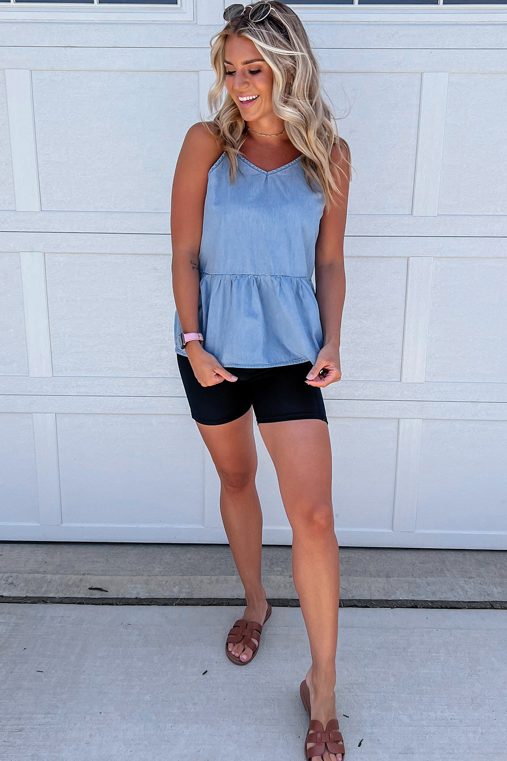 Sky Blue Casual Ruffled Spaghetti Straps Denim Tank Top