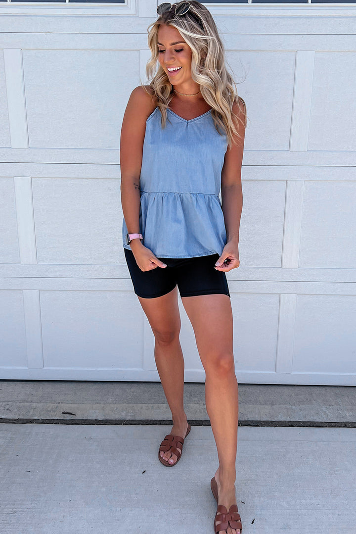Sky Blue Casual Ruffled Spaghetti Straps Denim Tank Top