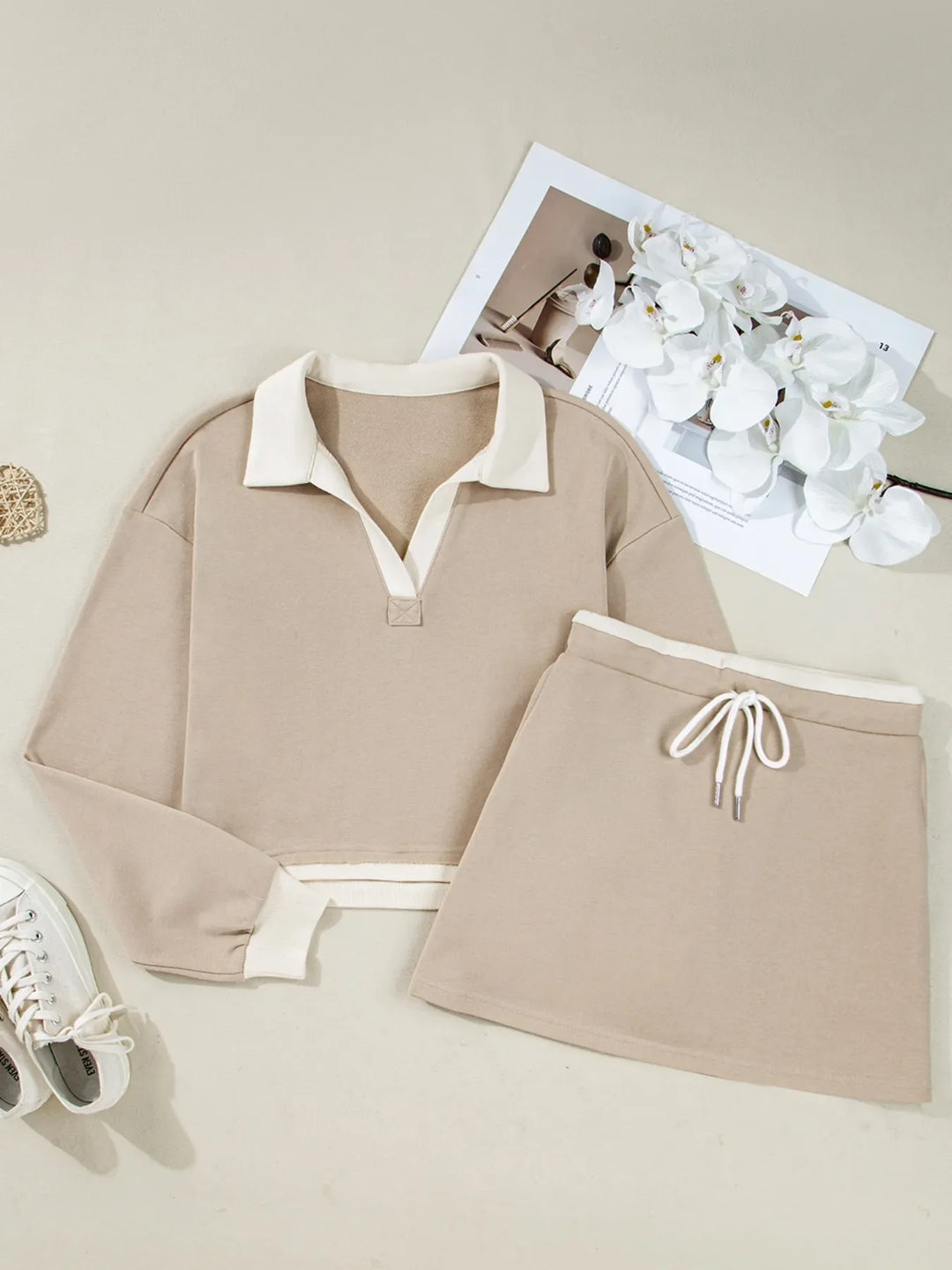 Contrast Collared Neck Top and Drawstring Mini Skirt Set