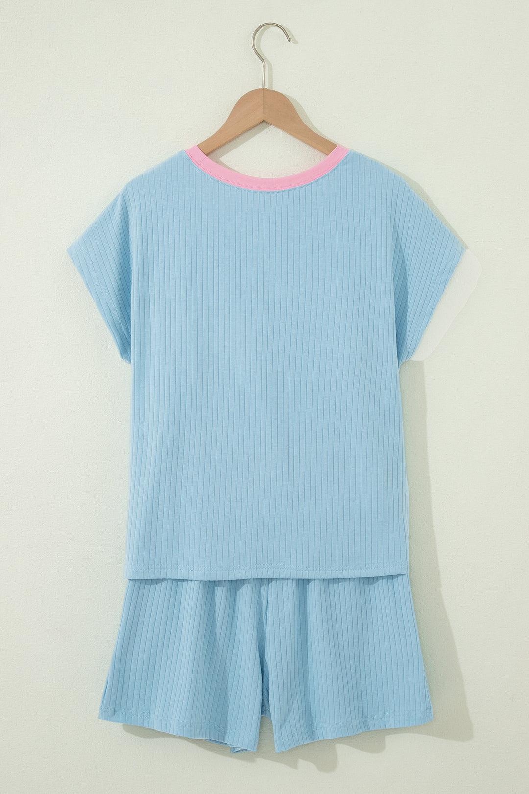 Clearly Aqua Soft Ribbed Color Block Trim Casual Short Set
