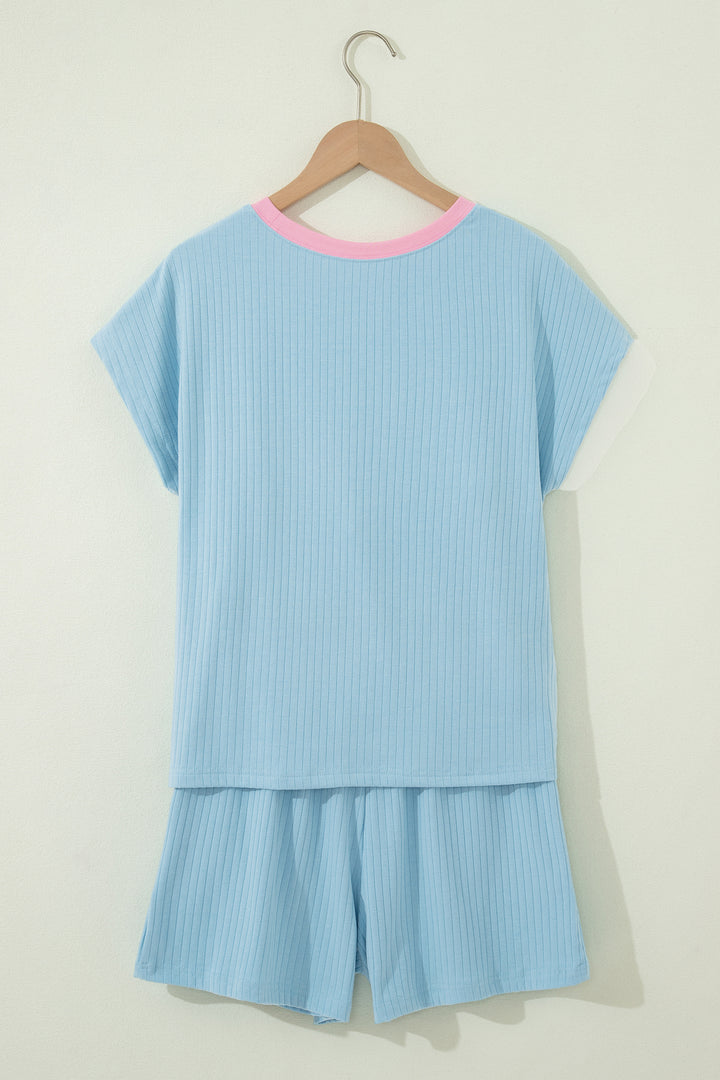 Clearly Aqua Soft Ribbed Color Block Trim Casual Short Set