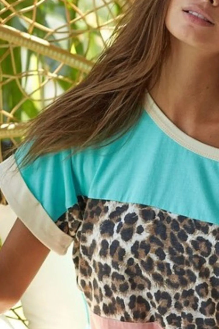 BiBi Leopard Printed Jersey  Color Block Roll Up Top