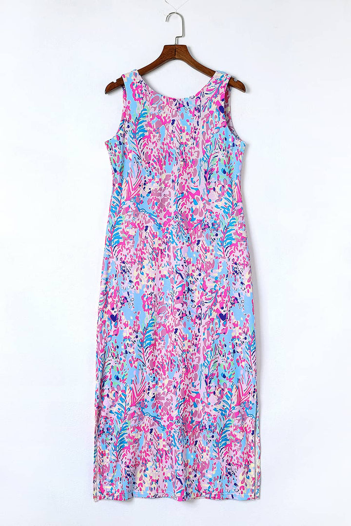 Purple Abstract Floral Print Sleeveless Maxi Dress