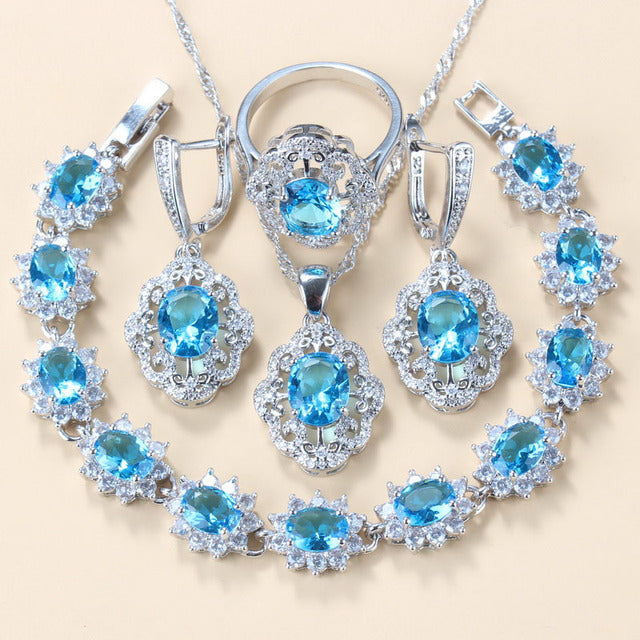 Garnet Cubic Zirconia Earrings Pendant Necklace Bracelet Ring Gift 4 PCs Set