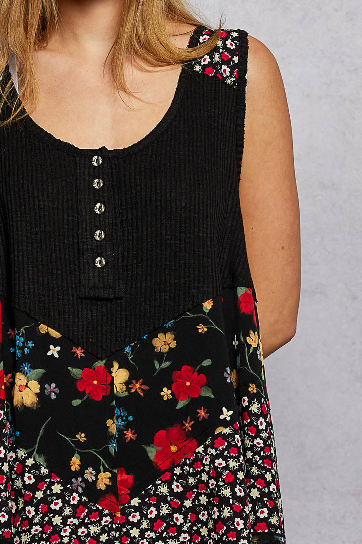 POL Round Neck Ribbed Tank with Woven Print Patch