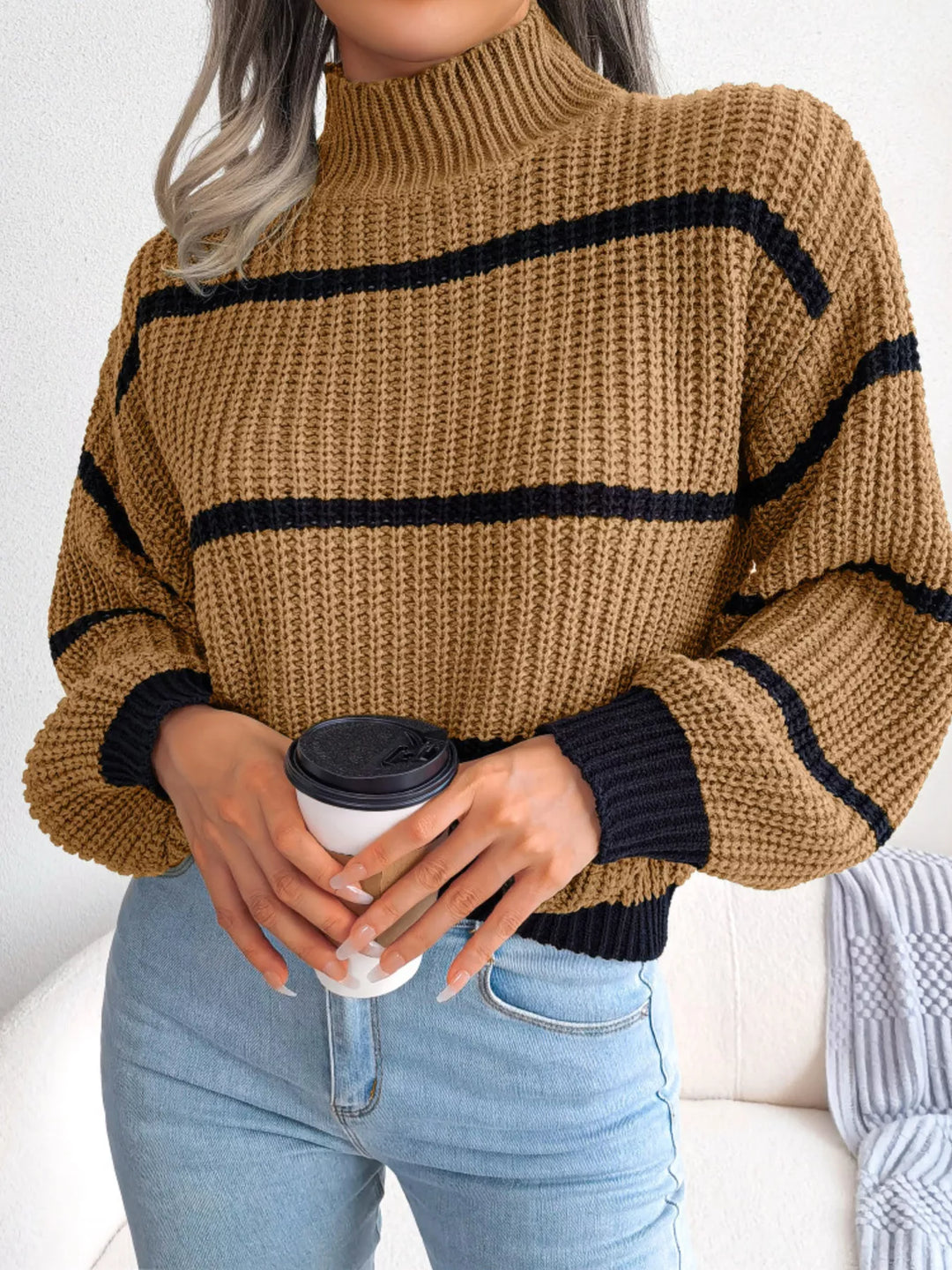 Full Size Striped Mock Neck Knit Sweater Plus Size