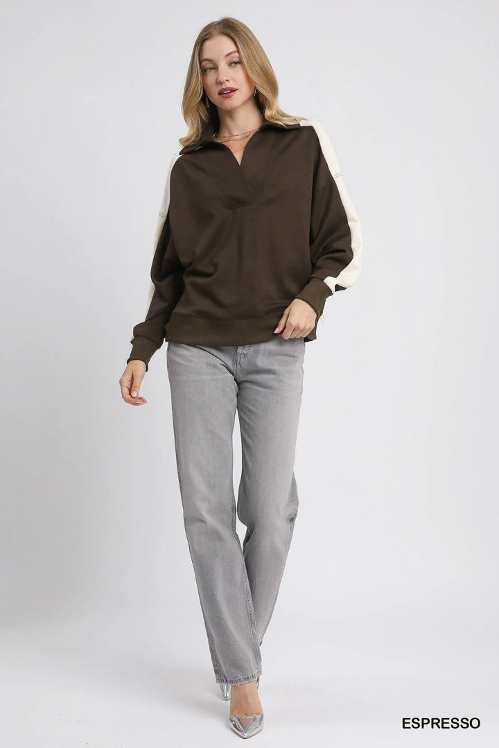 Umgee Color Block Polo Sweatshirt