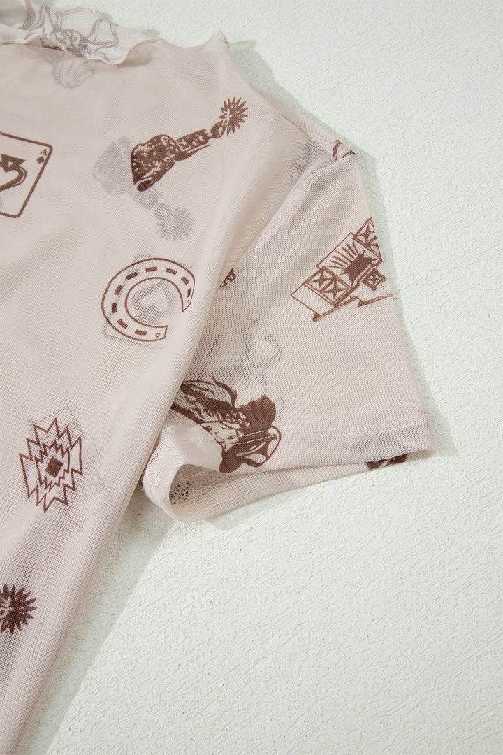 Oatmeal Western Printed Mesh Short Sleeve Top