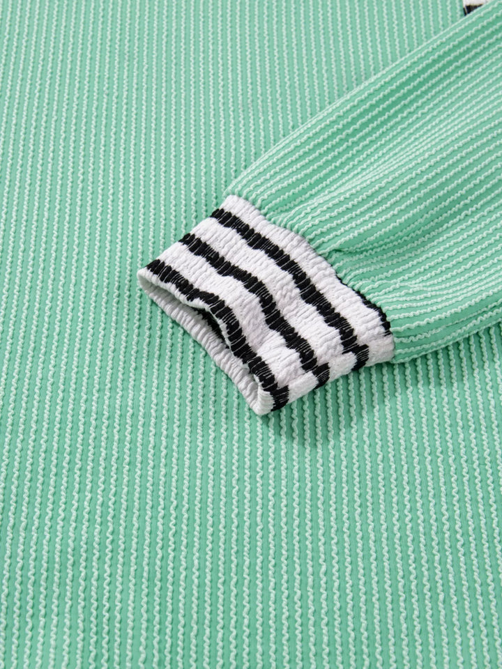 Twisted Ribbed Contrast Round Neck Striped Patchwork Long Sleeve Top