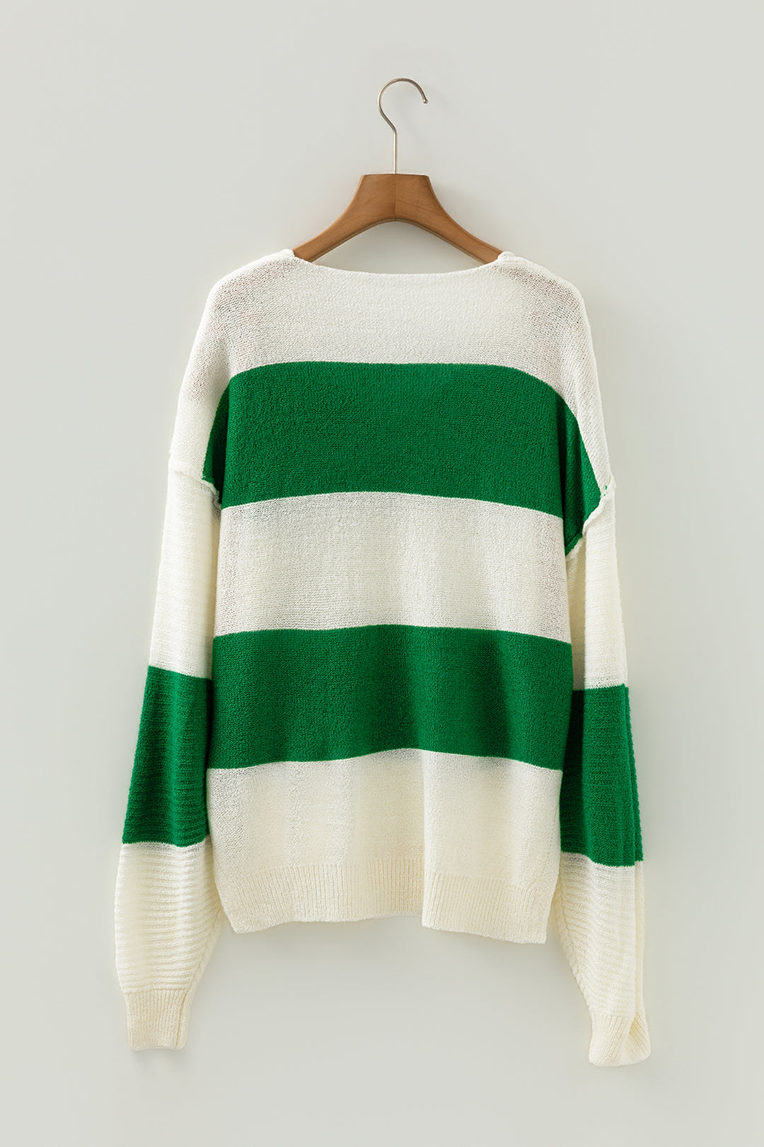 Green Stripe Loose Color Block Drop Shoulder Bubble Sleeve Sweater