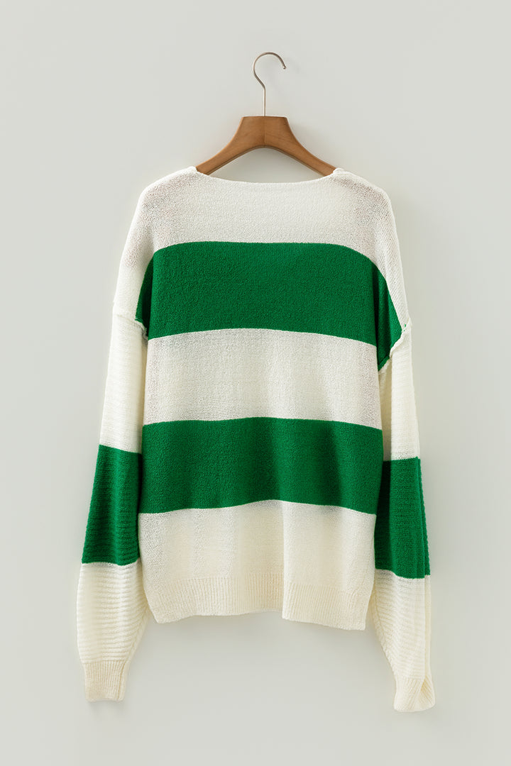 Green Stripe Loose Color Block Drop Shoulder Bubble Sleeve Sweater