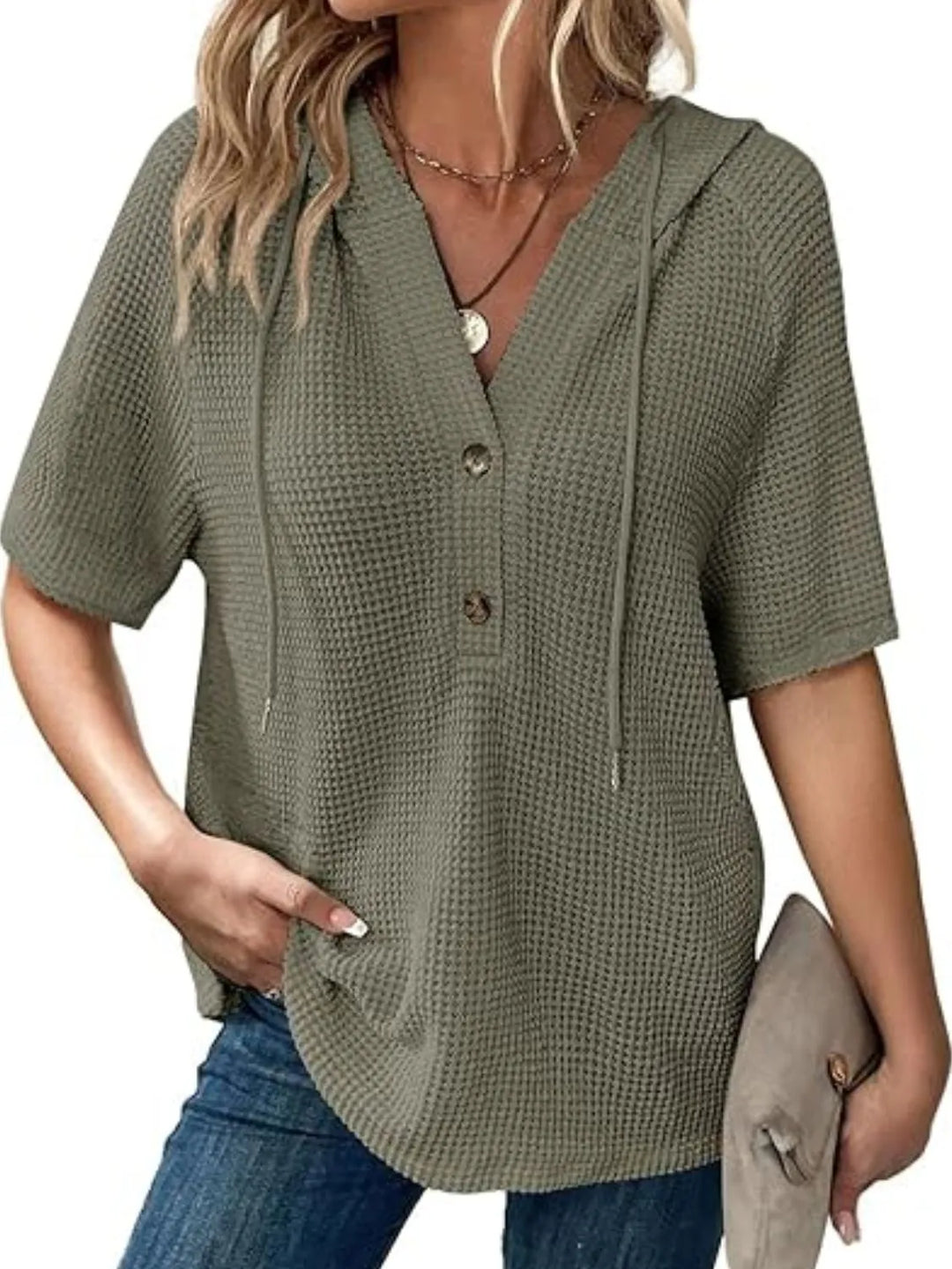 Drawstring Waffle-Knit Short Sleeve Hooded Top