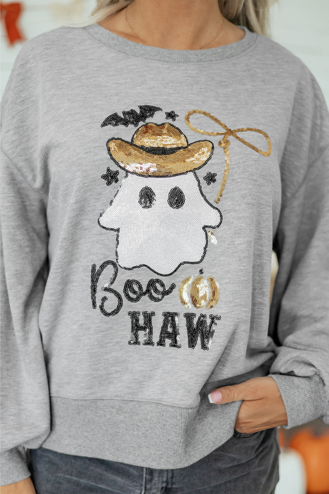 Medium Grey Sequin Western Ghost Print Long Sleeve Round Neck Sweatshirt