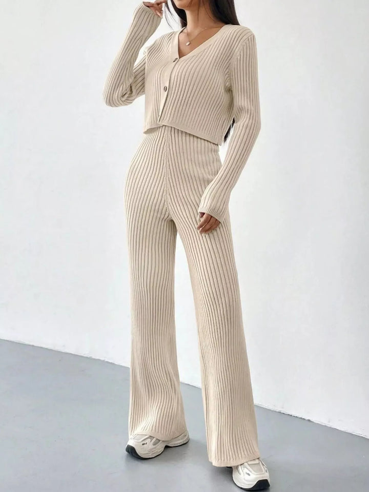 Ribbed Knit Button Up Top and Pants Set