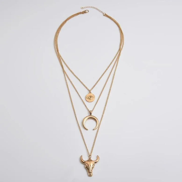 Alloy Three-Layered Bull Head Pendant Necklace