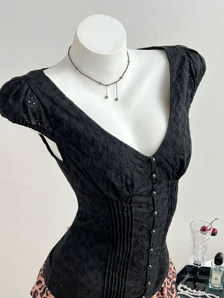 Lace V-Neck Cap Sleeve Blouse