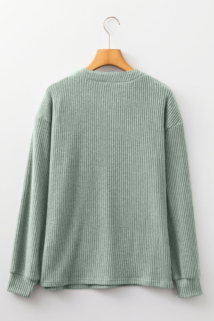 Clearly Aqua Ribbed Texture Drop Shoulder Henley Knit Top